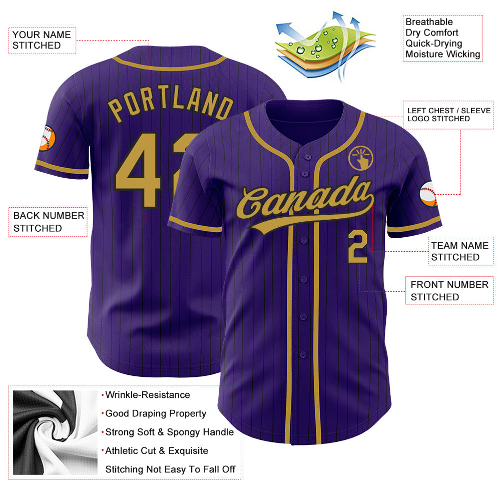 Custom Purple Black Pinstripe Old Gold Authentic Baseball Jersey view 3