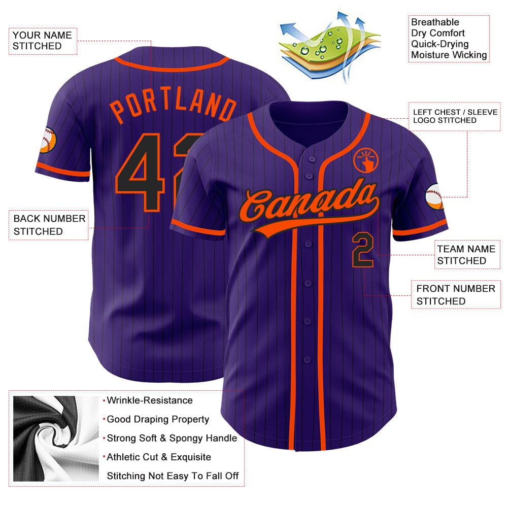 Custom Purple Black Pinstripe Orange Authentic Baseball Jersey view 3