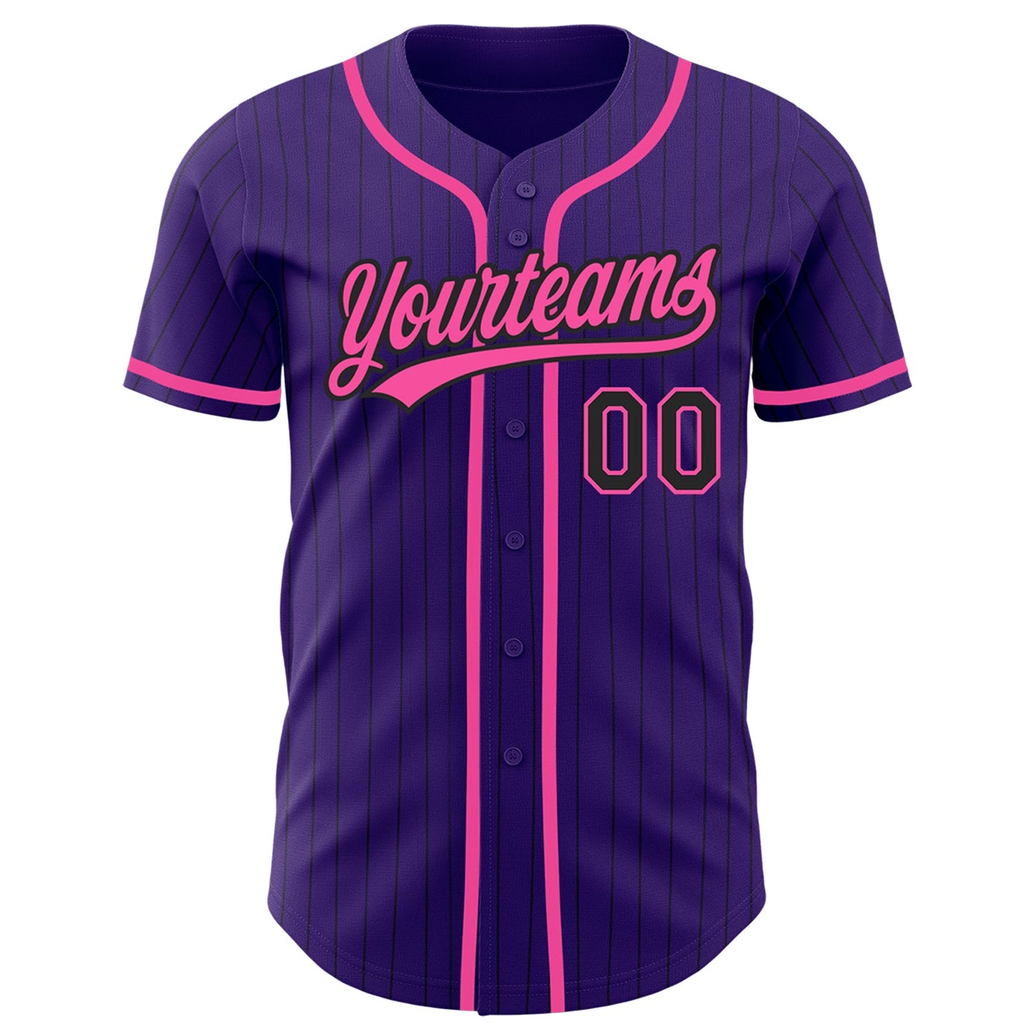 Custom Purple Black Pinstripe Pink Authentic Baseball Jersey view 2