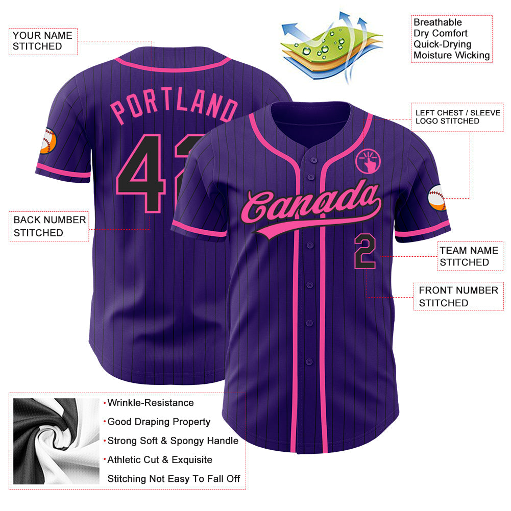 Custom Purple Black Pinstripe Pink Authentic Baseball Jersey view 3