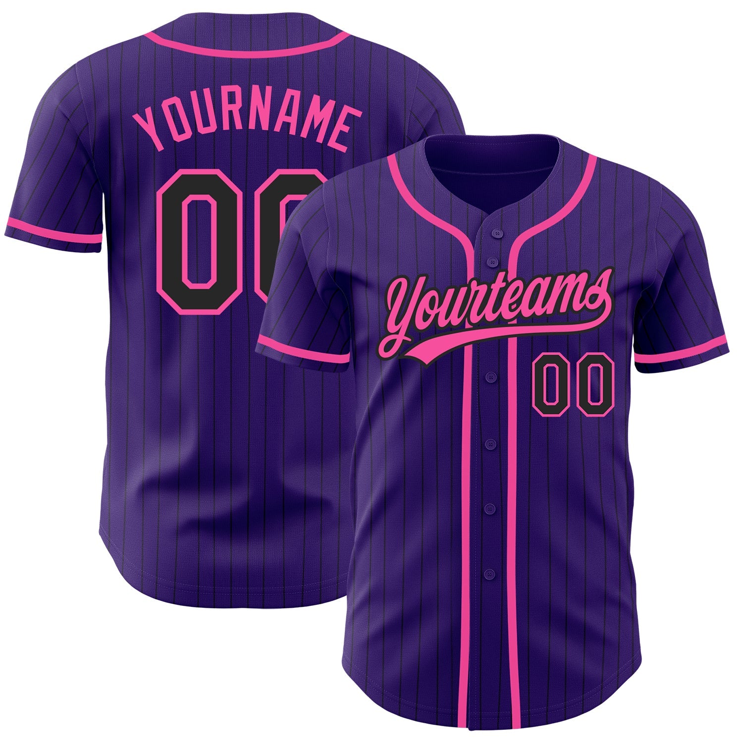 Custom Purple Black Pinstripe Pink Authentic Baseball Jersey - Main View