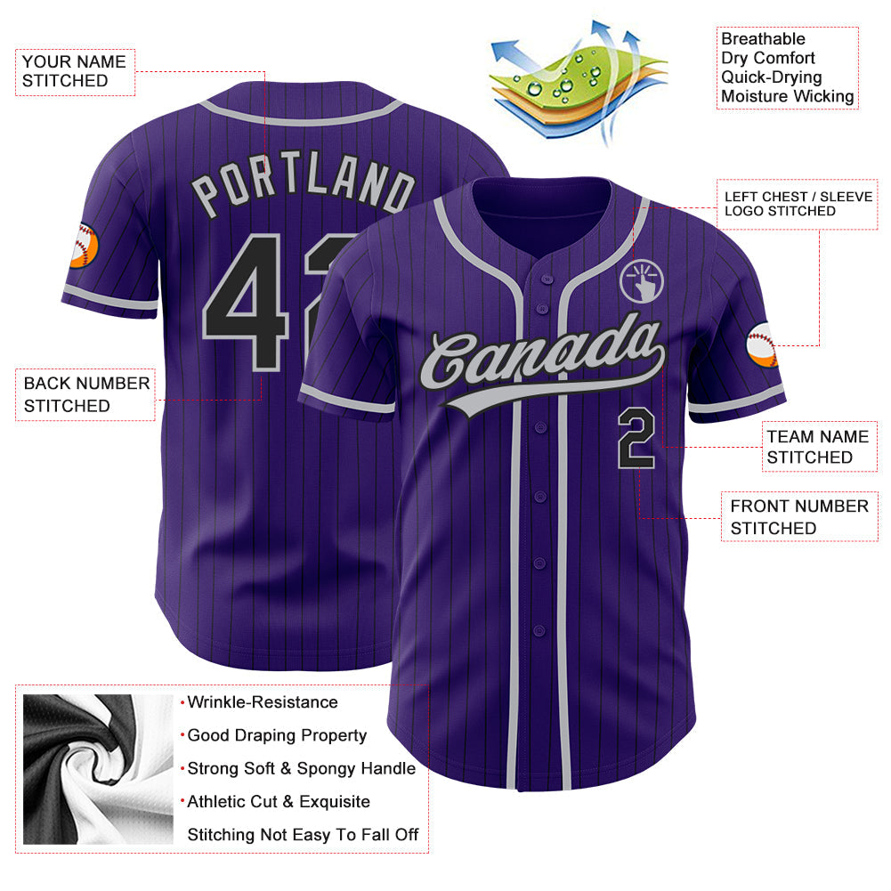 Custom Purple Black Pinstripe Gray Authentic Baseball Jersey view 3