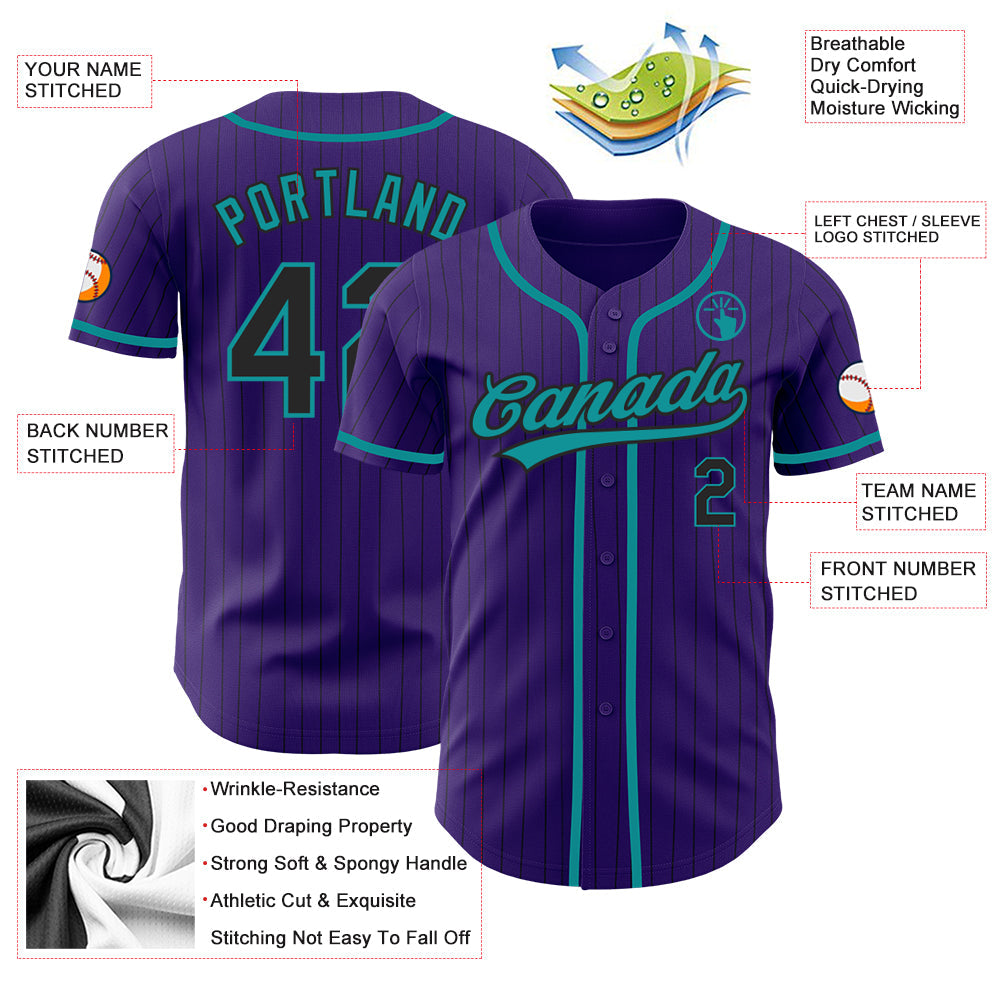 Custom Purple Black Pinstripe Teal Authentic Baseball Jersey view 3