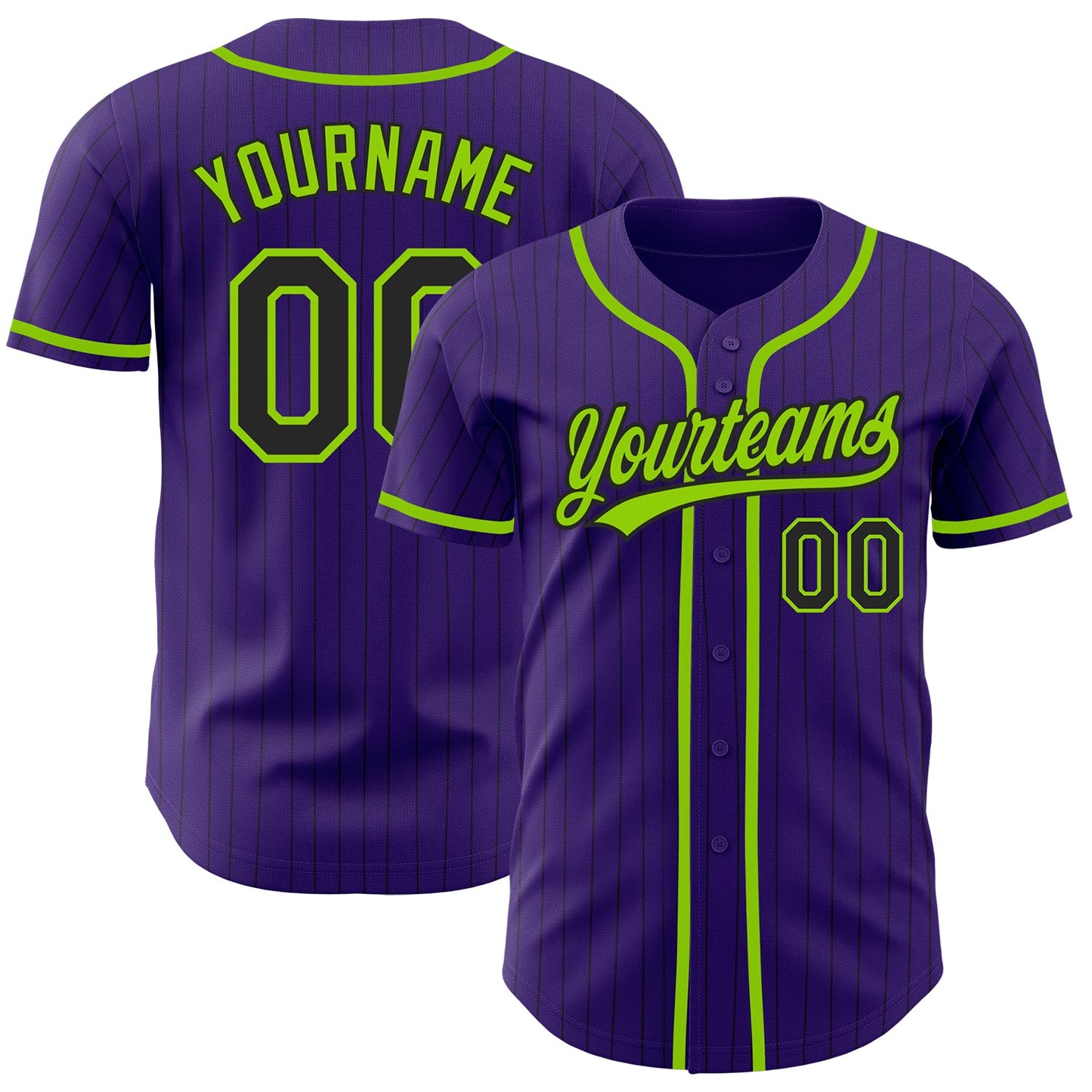 Custom Purple Black Pinstripe Neon Green Authentic Baseball Jersey - Main View