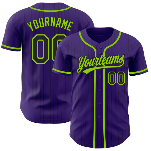 Custom Purple Black Pinstripe Neon Green Authentic Baseball Jersey - Main View
