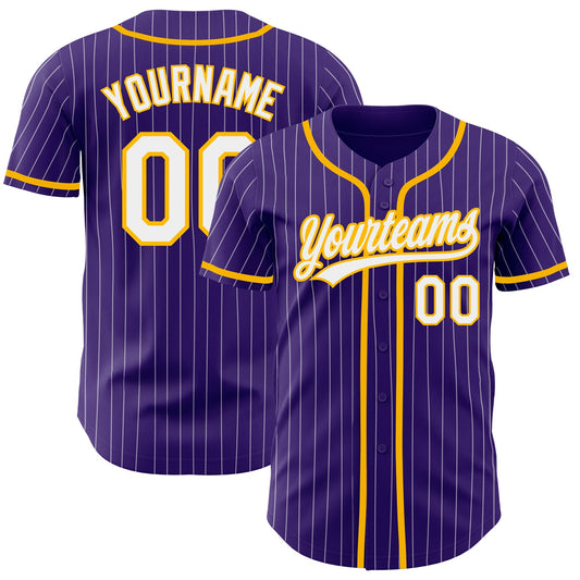 Custom Purple White Pinstripe Gold Authentic Baseball Jersey - Main View