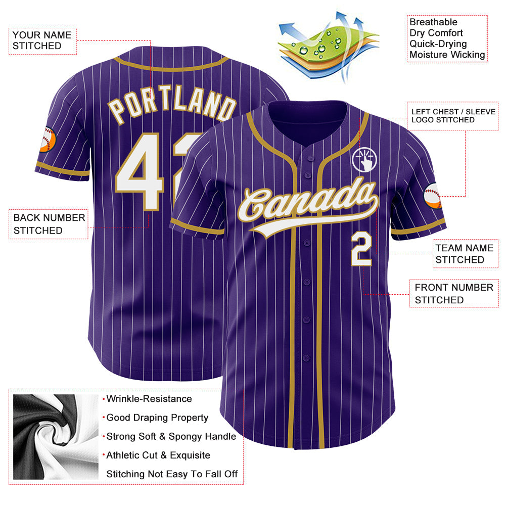 Custom Purple White Pinstripe Old Gold Authentic Baseball Jersey view 3