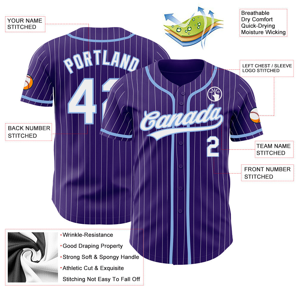 Custom Purple White Pinstripe Light Blue Authentic Baseball Jersey view 3