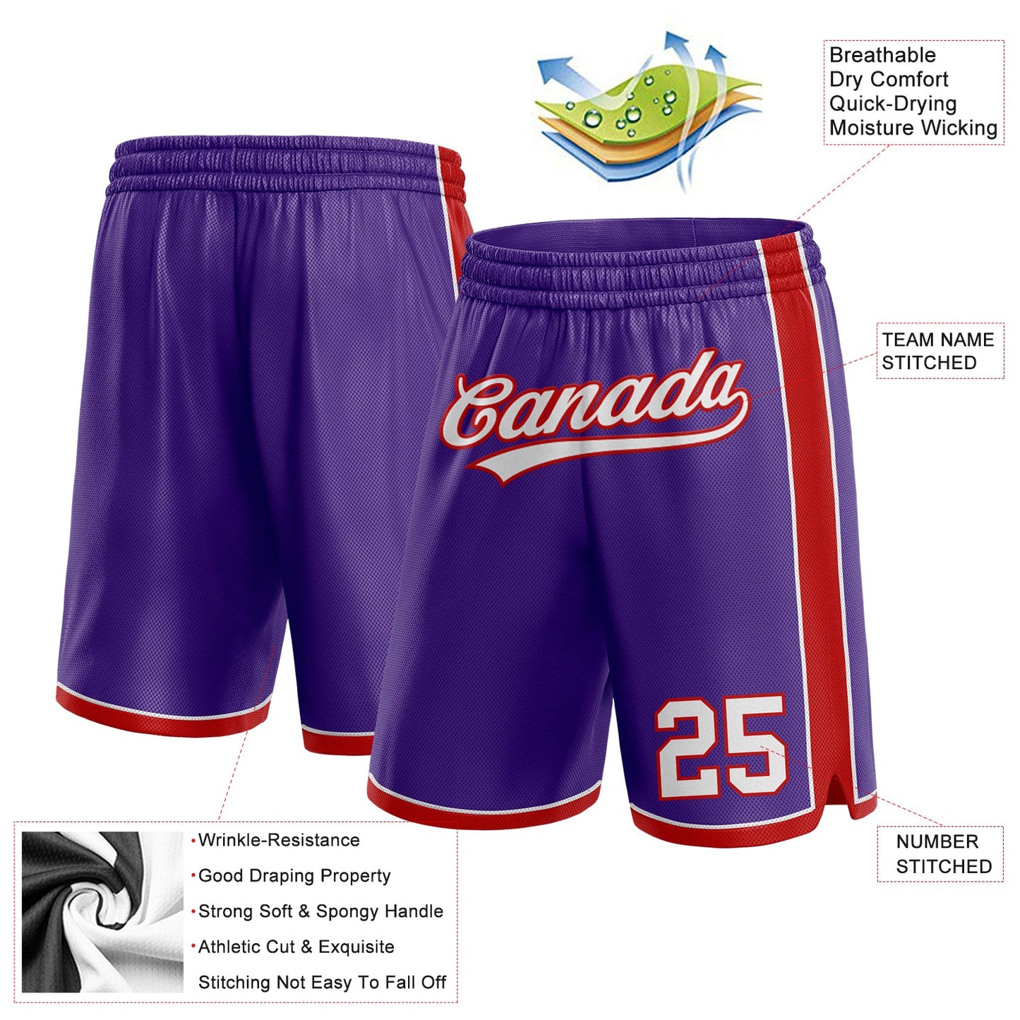 Custom Purple White-Red Authentic Basketball Shorts view 2