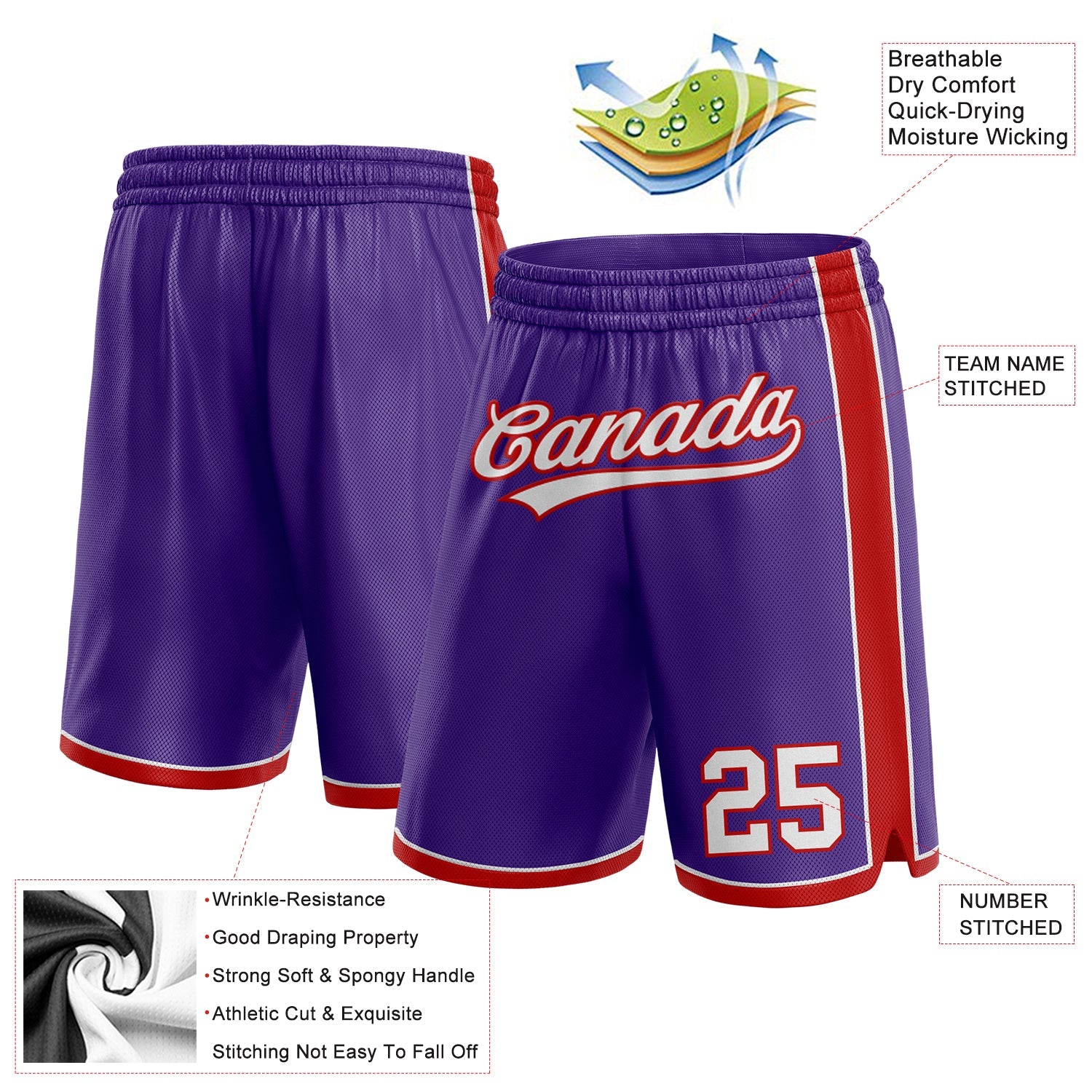 Custom Purple White-Red Authentic Basketball Shorts view 2