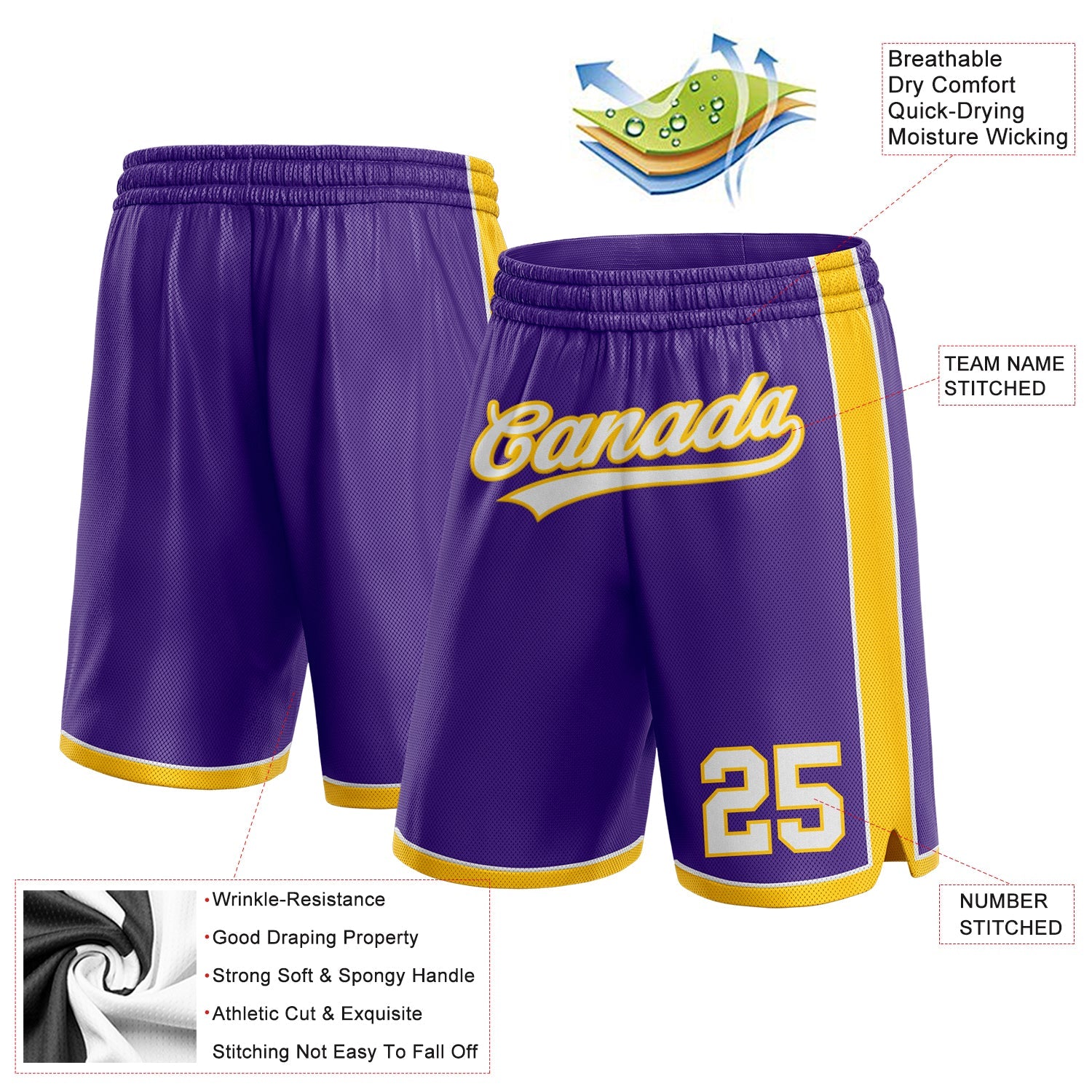 Custom Purple White-Yellow Authentic Basketball Shorts view 2