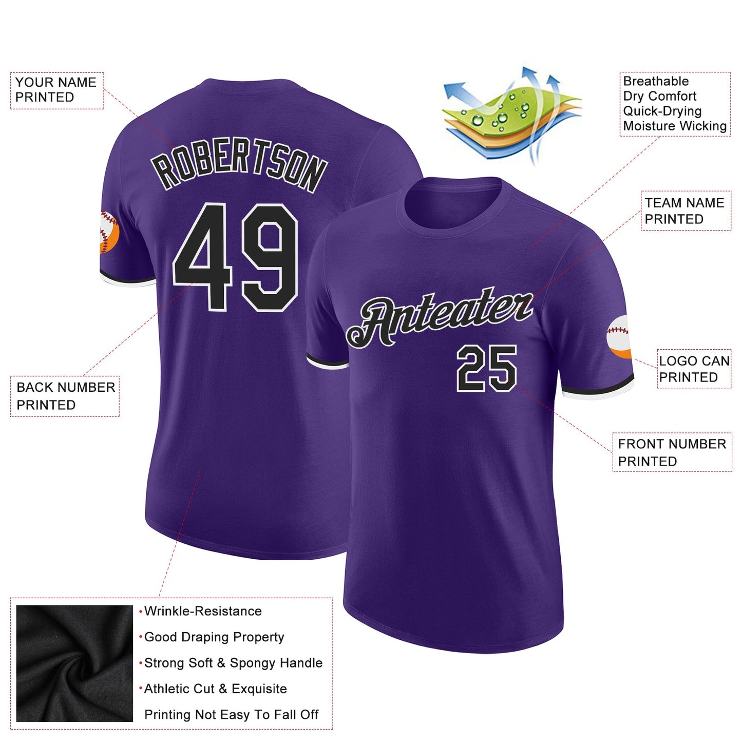 Custom Purple Black-White Performance T-Shirt view 2