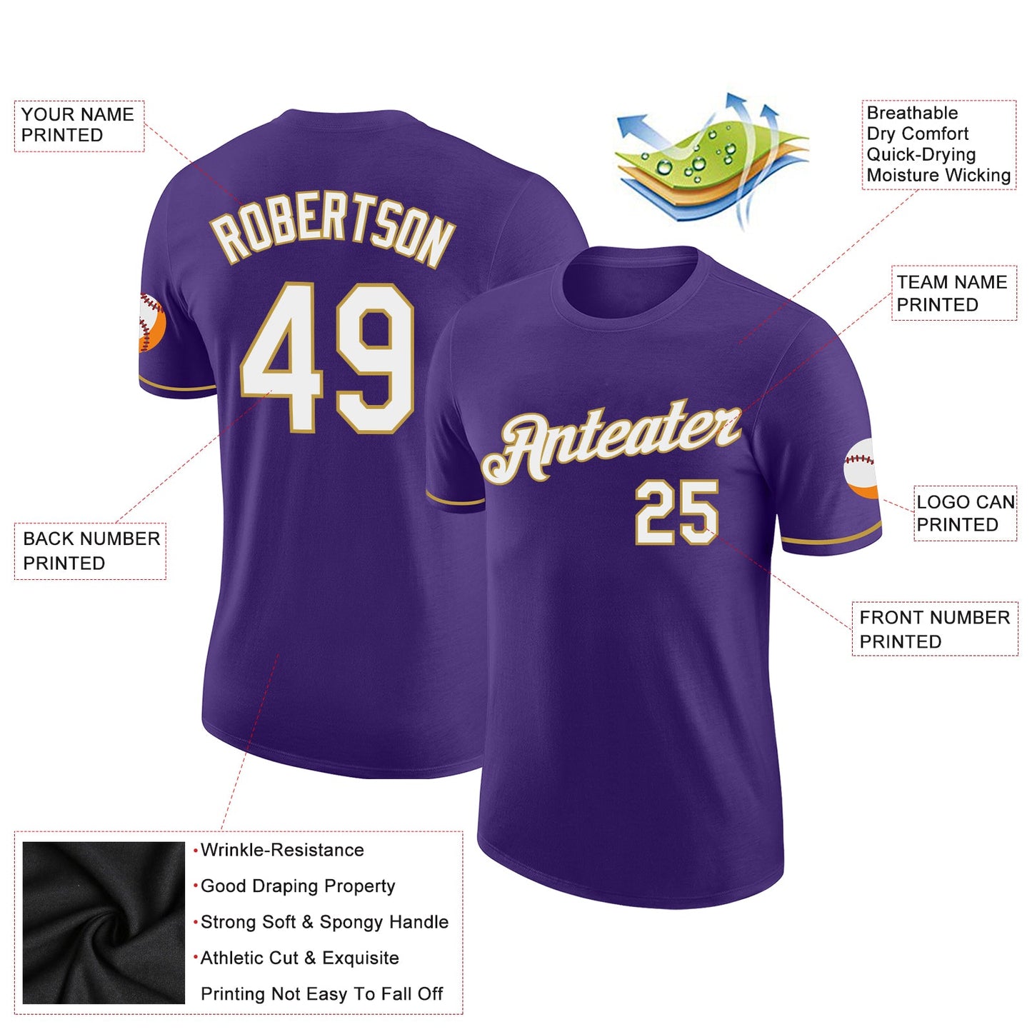Custom Purple White-Old Gold Performance T-Shirt view 2