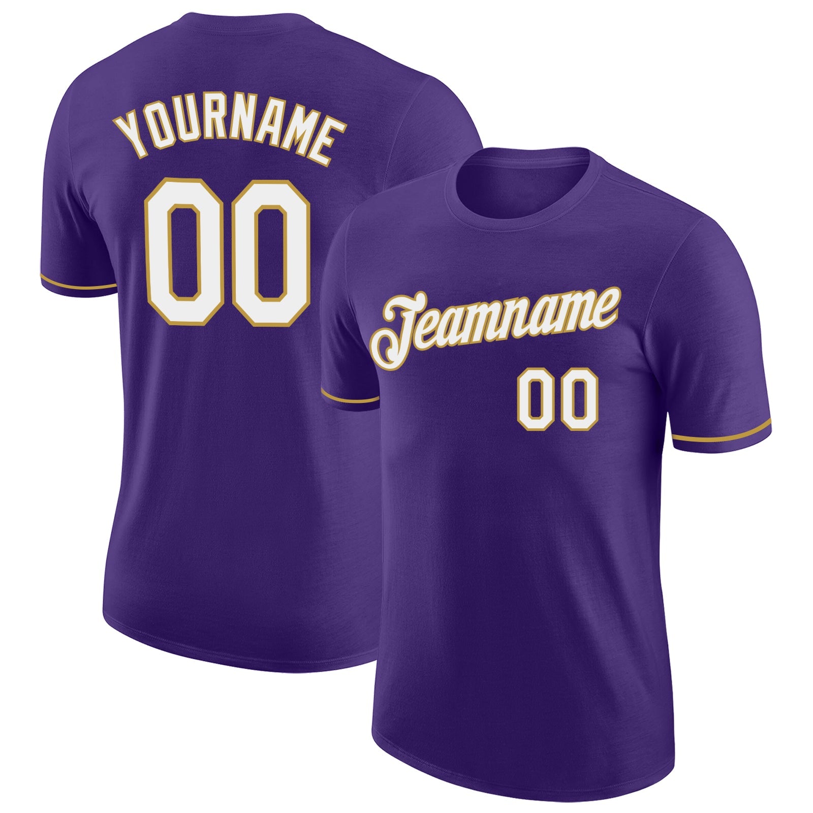 Custom Purple White-Old Gold Performance T-Shirt - Main View
