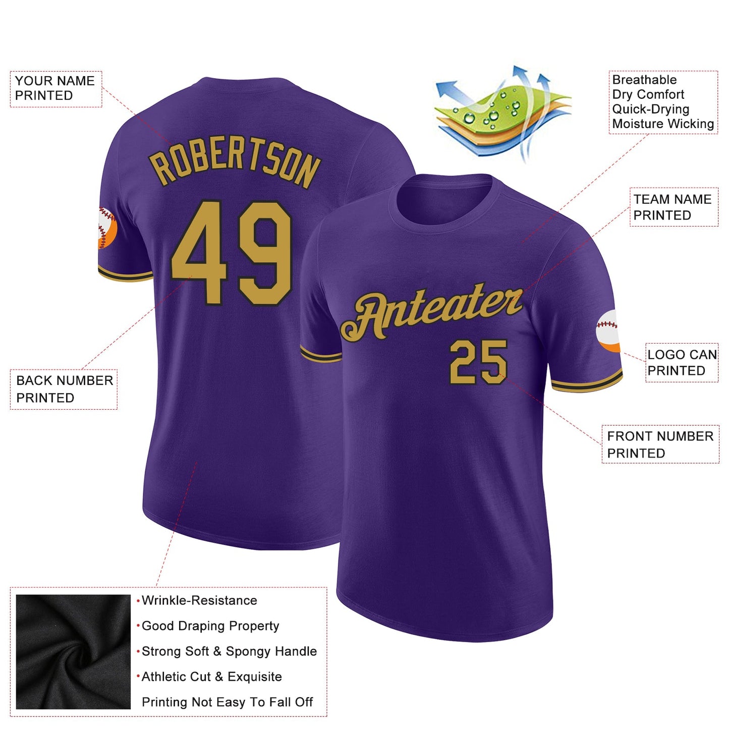Custom Purple Old Gold-Black Performance T-Shirt view 2
