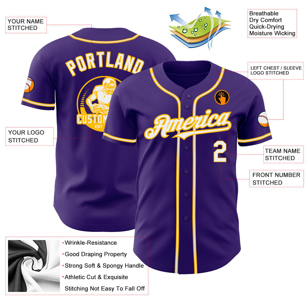 Custom Purple White-Gold Authentic Baseball Jersey view 3