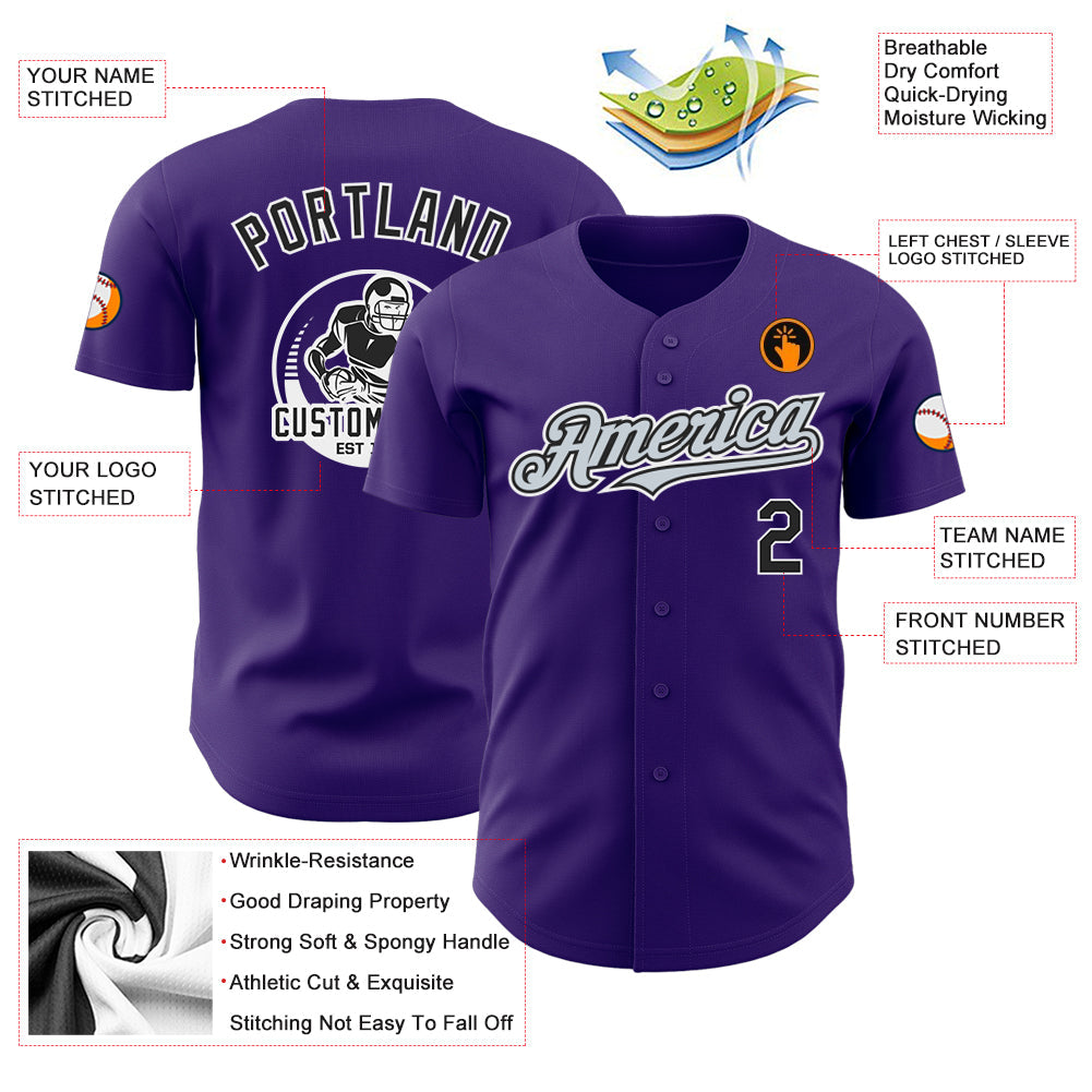 Custom Purple Black Silver-White Authentic Baseball Jersey view 3