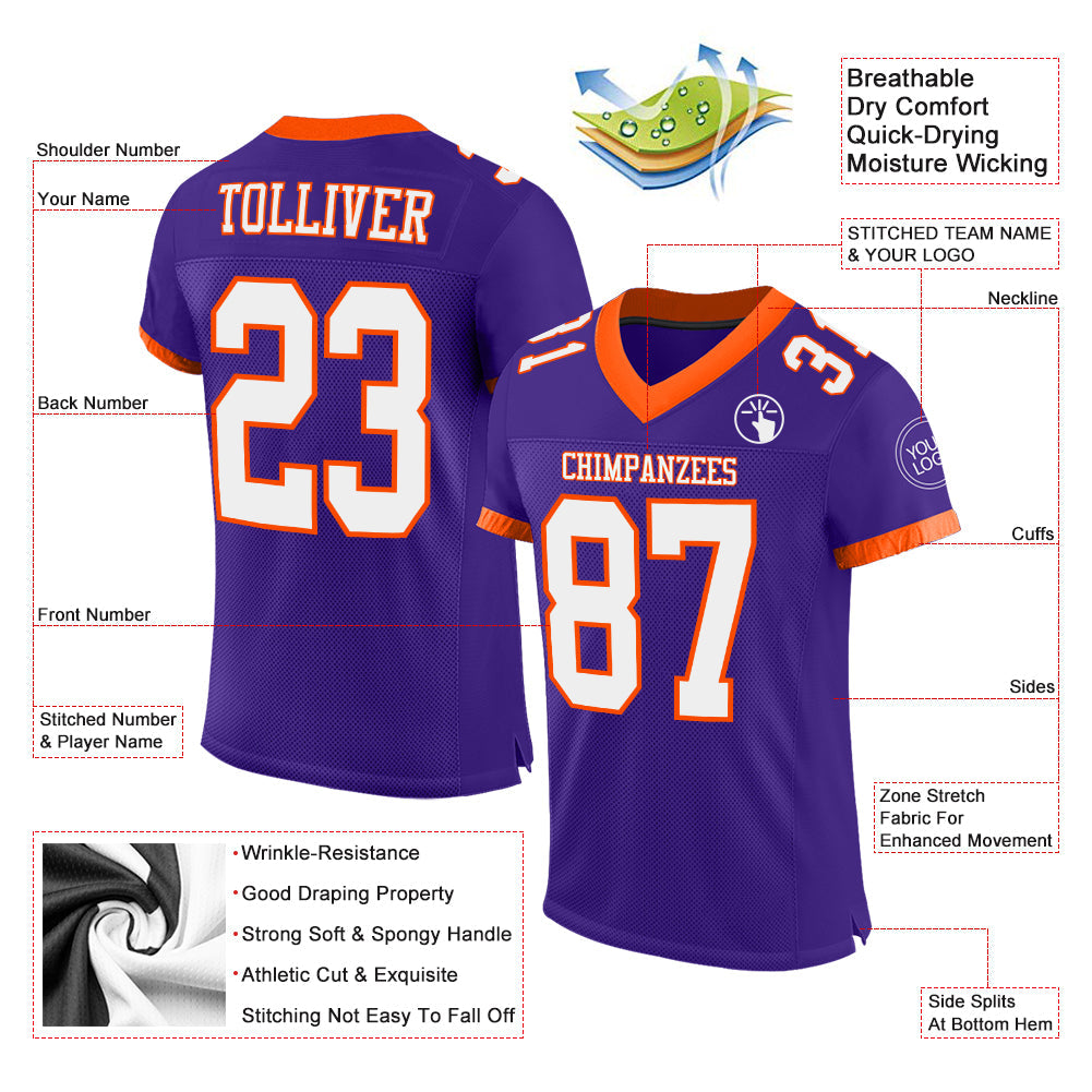 Custom Purple White-Orange Mesh Authentic Football Jersey view 2