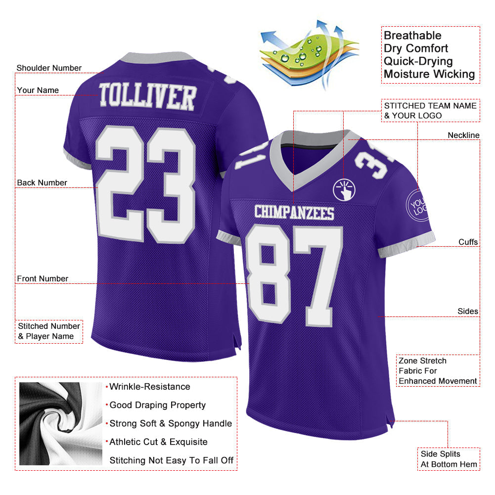 Custom Purple White-Gray Mesh Authentic Football Jersey view 2