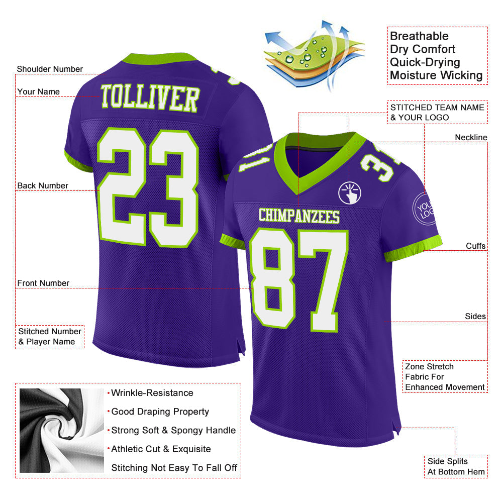 Custom Purple White-Neon Green Mesh Authentic Football Jersey view 3