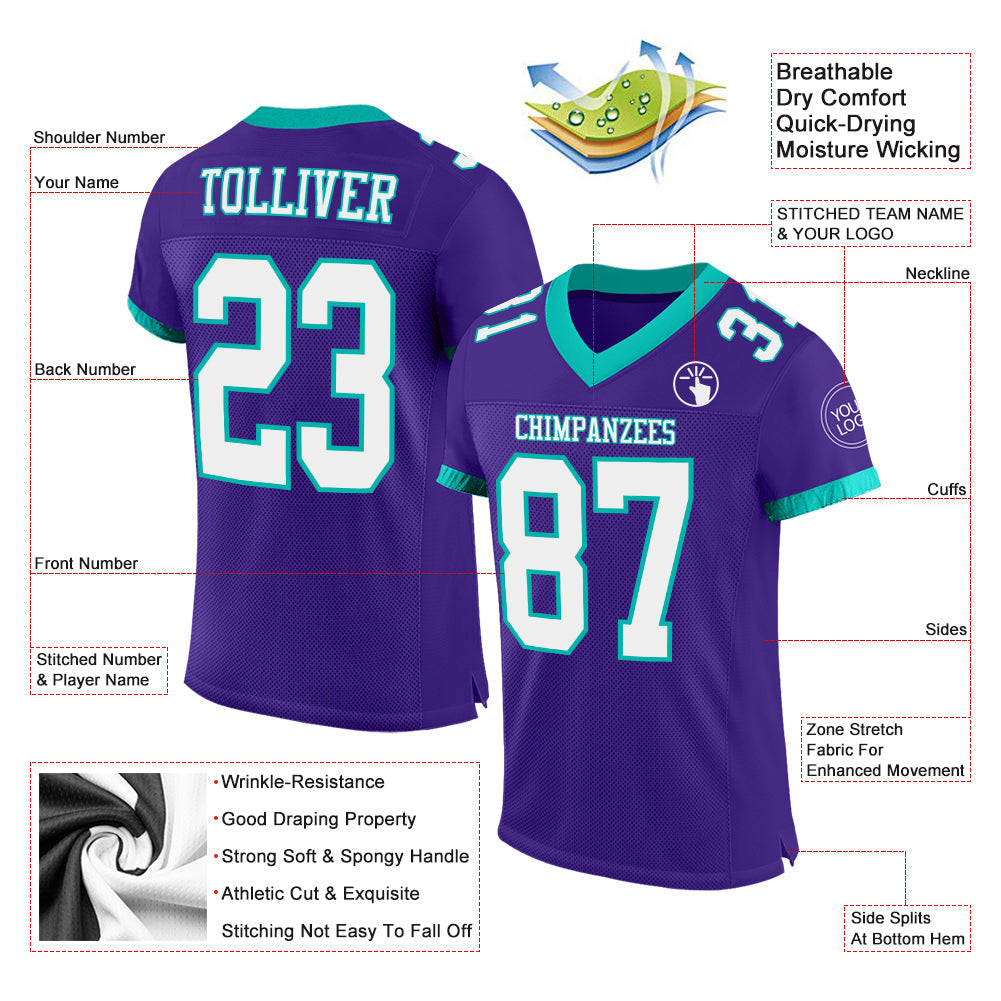 Custom Purple White-Aqua Mesh Authentic Football Jersey view 2