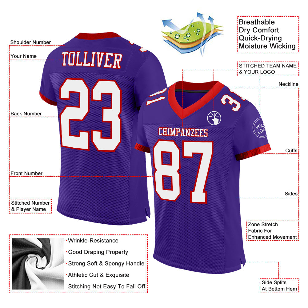 Custom Purple White-Red Mesh Authentic Football Jersey view 2