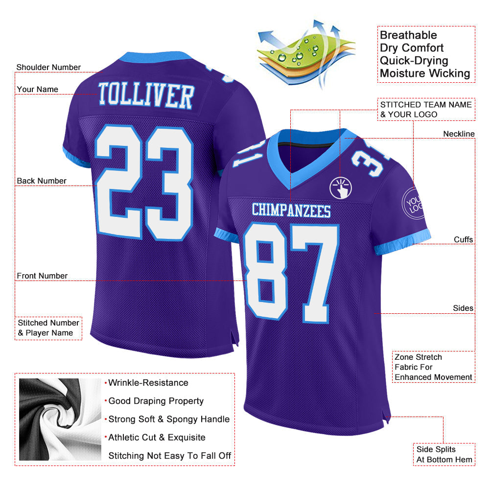 Custom Purple White-Powder Blue Mesh Authentic Football Jersey view 2