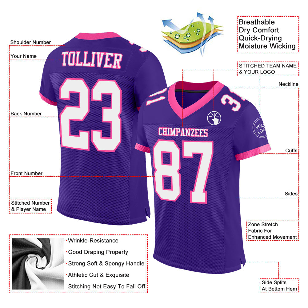 Custom Purple White-Pink Mesh Authentic Football Jersey view 2