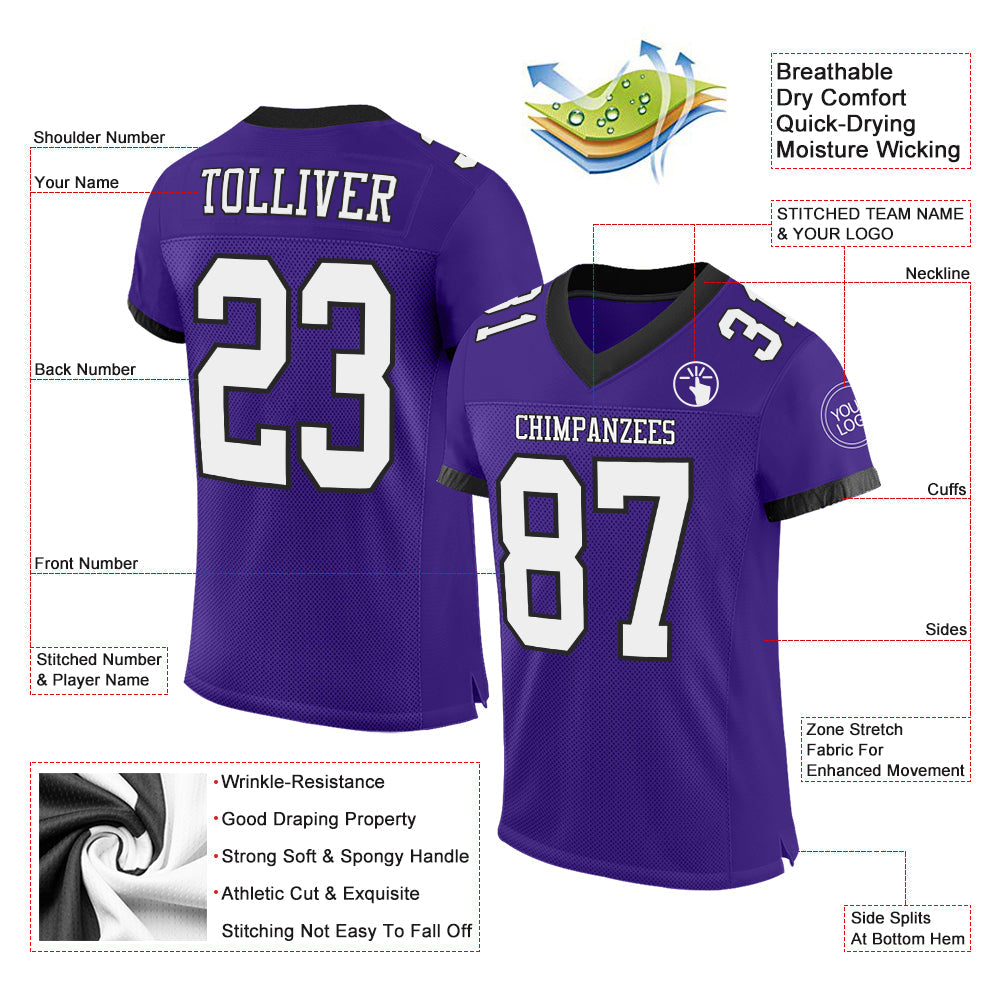 Custom Purple White-Black Mesh Authentic Football Jersey view 2
