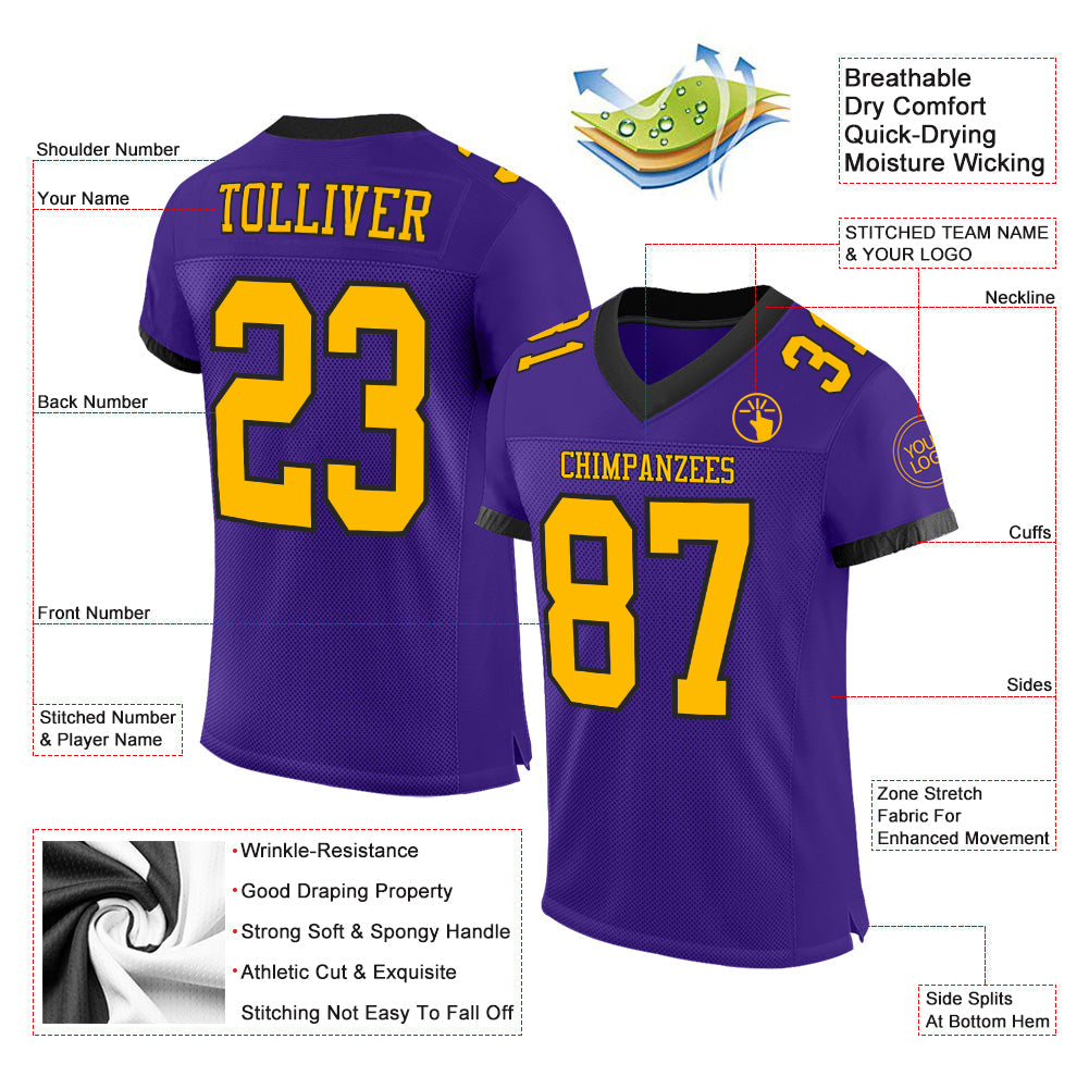 Custom Purple Gold-Black Mesh Authentic Football Jersey view 2