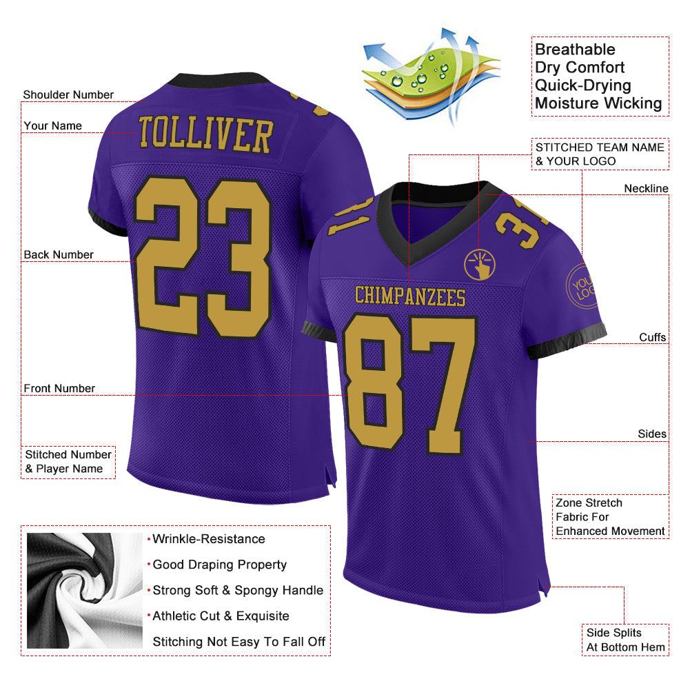 Custom Purple Old Gold-Black Mesh Authentic Football Jersey view 2