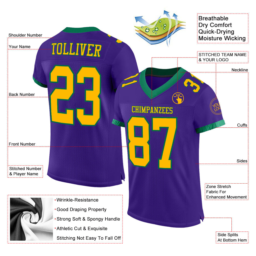 Custom Purple Gold-Kelly Green Mesh Authentic Football Jersey view 3