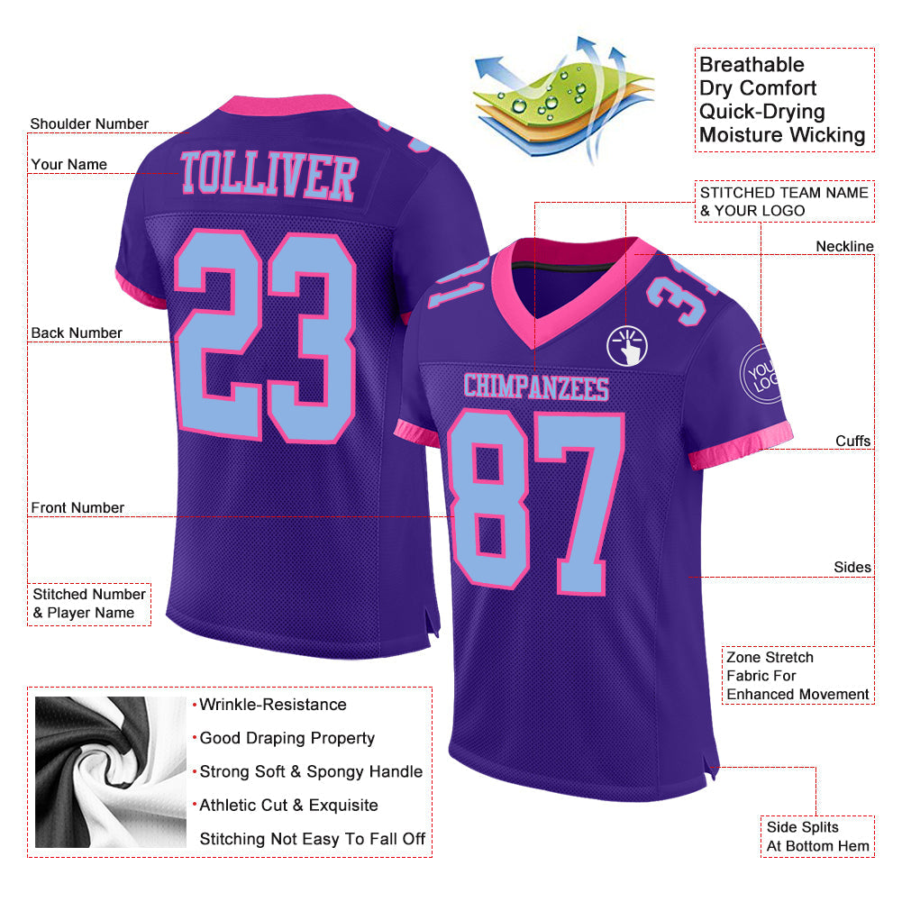 Custom Purple Light Blue-Pink Mesh Authentic Football Jersey view 2