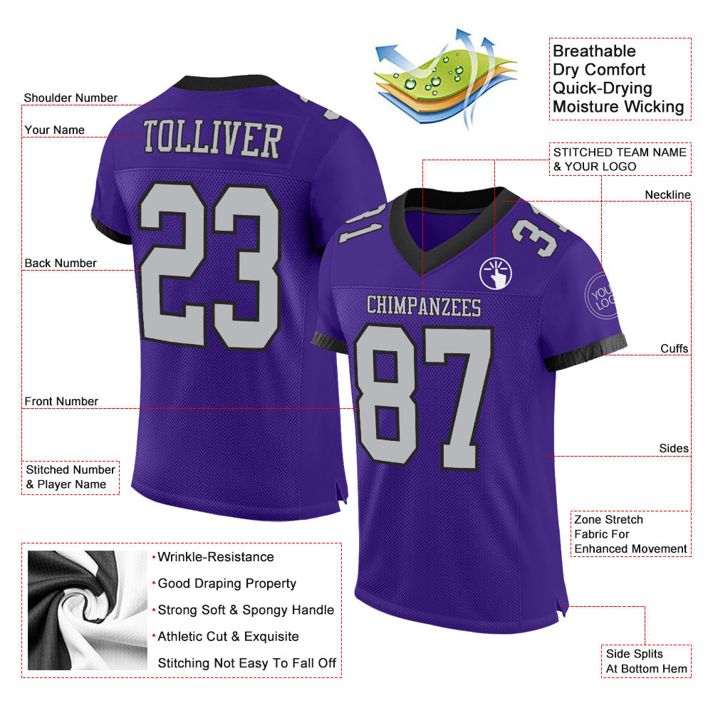 Custom Purple Gray-Black Mesh Authentic Football Jersey view 2