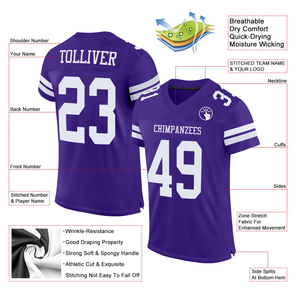 Custom Purple White Mesh Authentic Football Jersey view 2