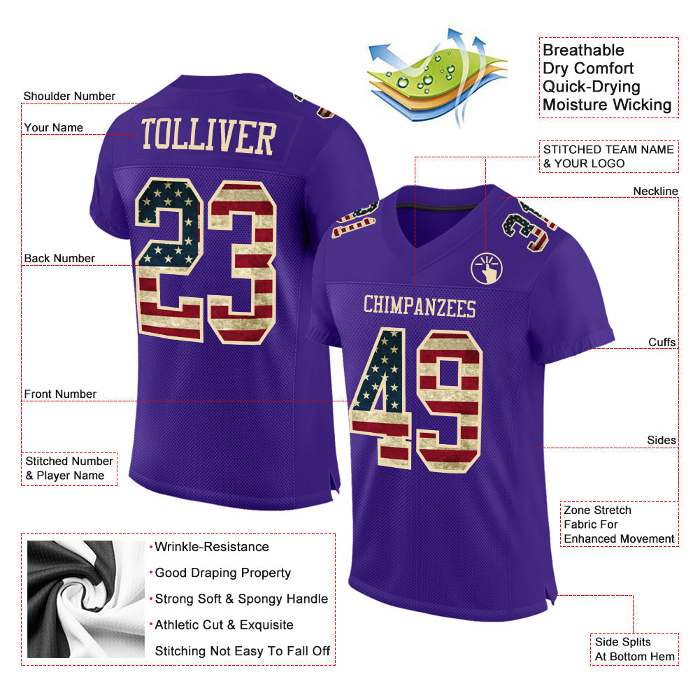 Custom Purple Vintage USA Flag-City Cream Mesh Authentic Football Jersey view 2