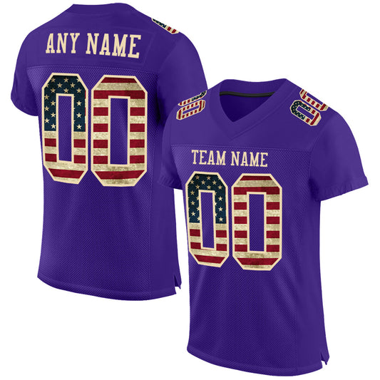 Custom Purple Vintage USA Flag-City Cream Mesh Authentic Football Jersey - Main View