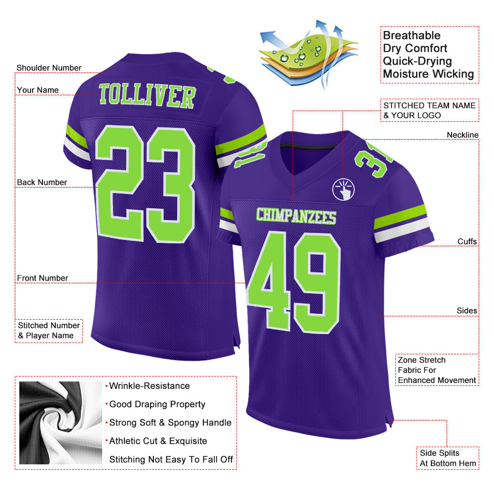 Custom Purple Neon Green-White Mesh Authentic Football Jersey view 2