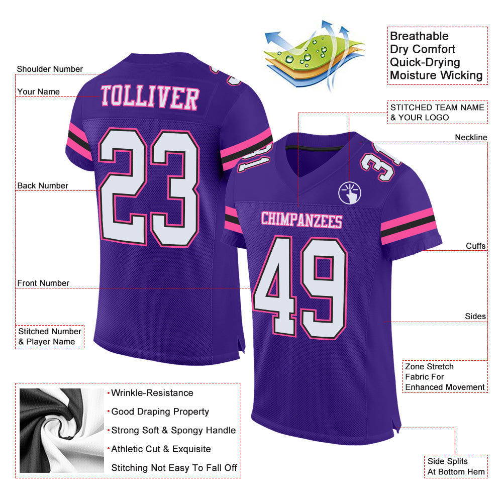 Custom Purple White Black-Pink Mesh Authentic Football Jersey view 2