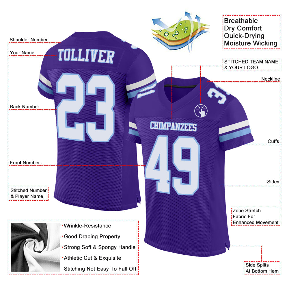 Custom Purple White-Light Blue Mesh Authentic Football Jersey view 2