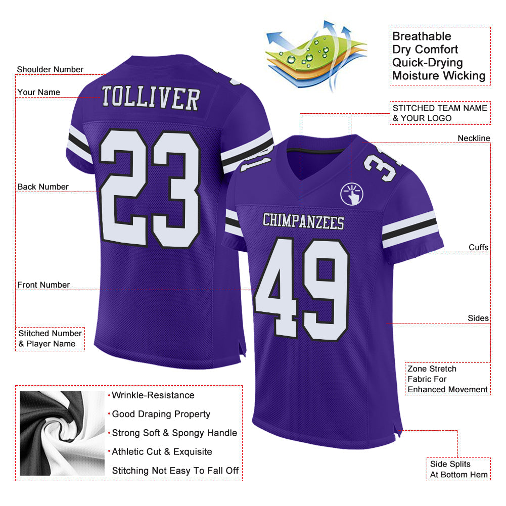 Custom Purple White-Black Mesh Authentic Football Jersey view 2