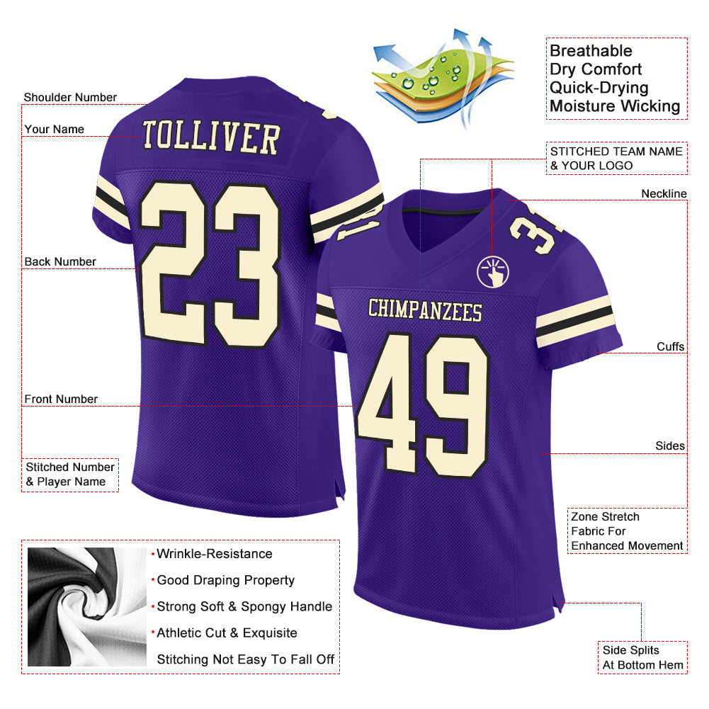 Custom Purple Cream-Black Mesh Authentic Football Jersey view 2