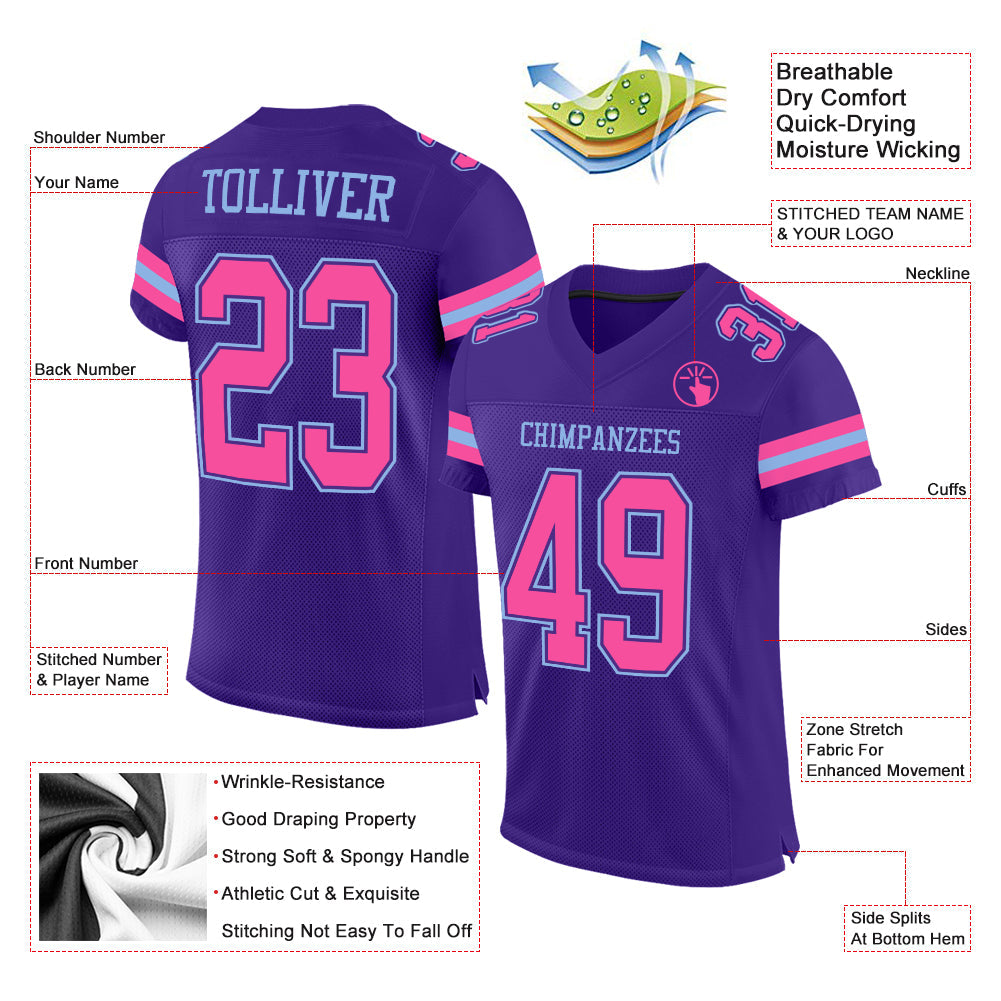 Custom Purple Pink-Light Blue Mesh Authentic Football Jersey view 2