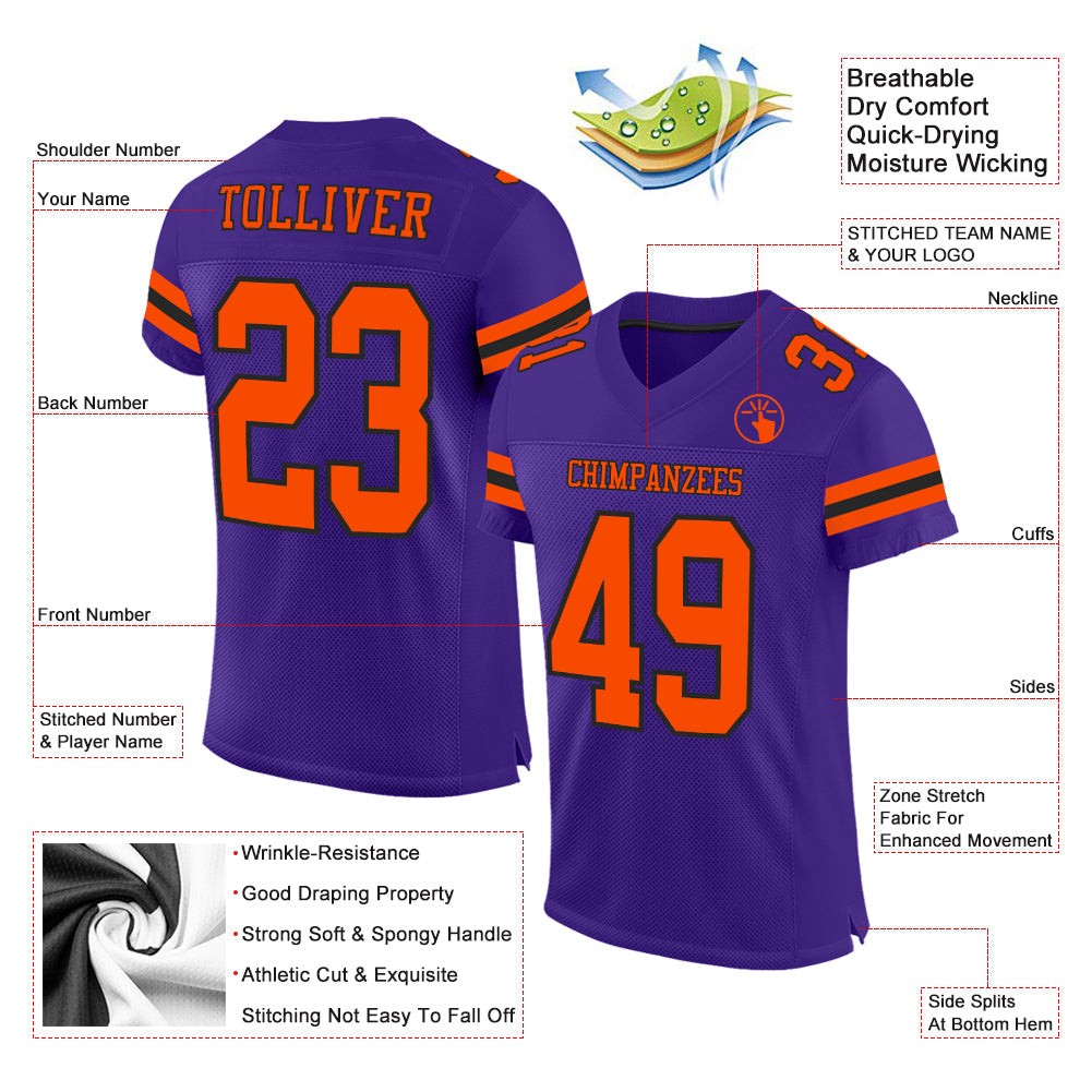 Custom Purple Orange-Black Mesh Authentic Football Jersey view 2