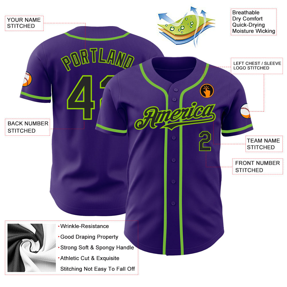 Custom Purple Black-Neon Green Authentic Baseball Jersey view 3