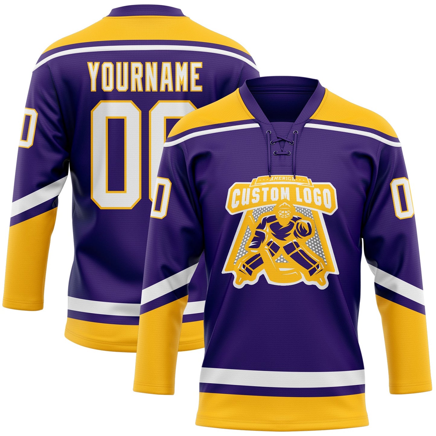 Custom Purple White-Gold Hockey Lace Neck Jersey view 2