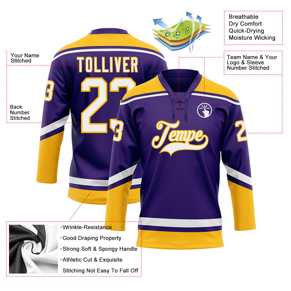 Custom Purple White-Gold Hockey Lace Neck Jersey view 3