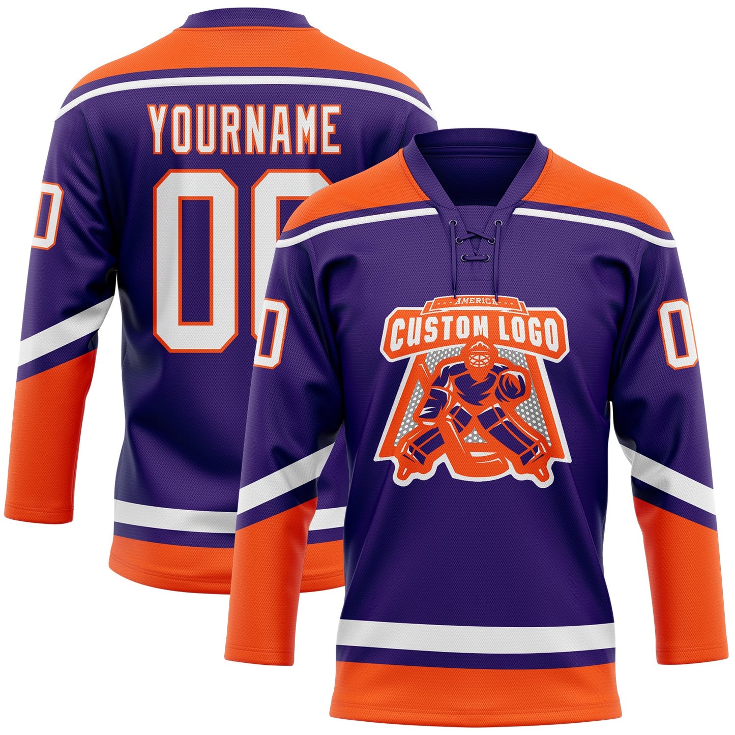 Custom Purple White-Orange Hockey Lace Neck Jersey view 2