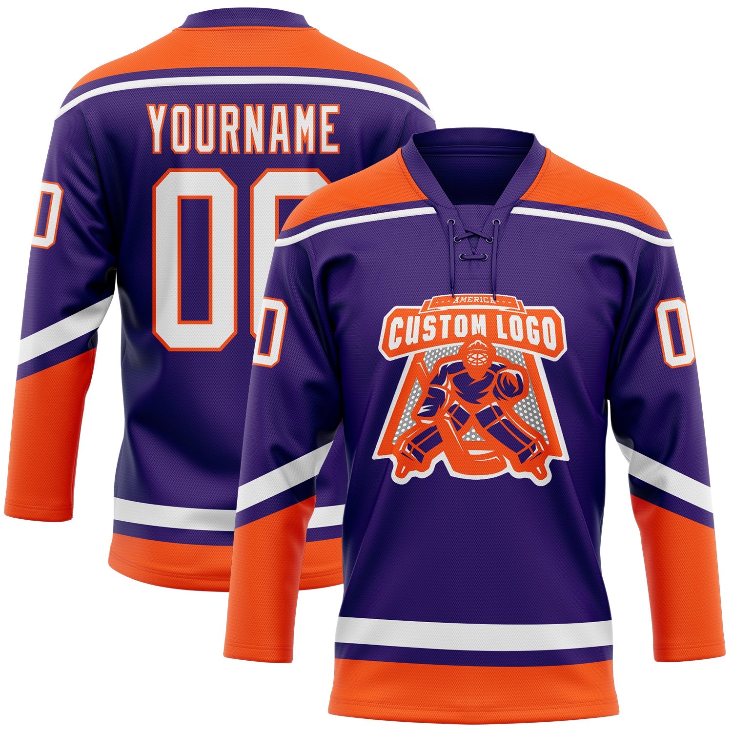 Custom Purple White-Orange Hockey Lace Neck Jersey view 2