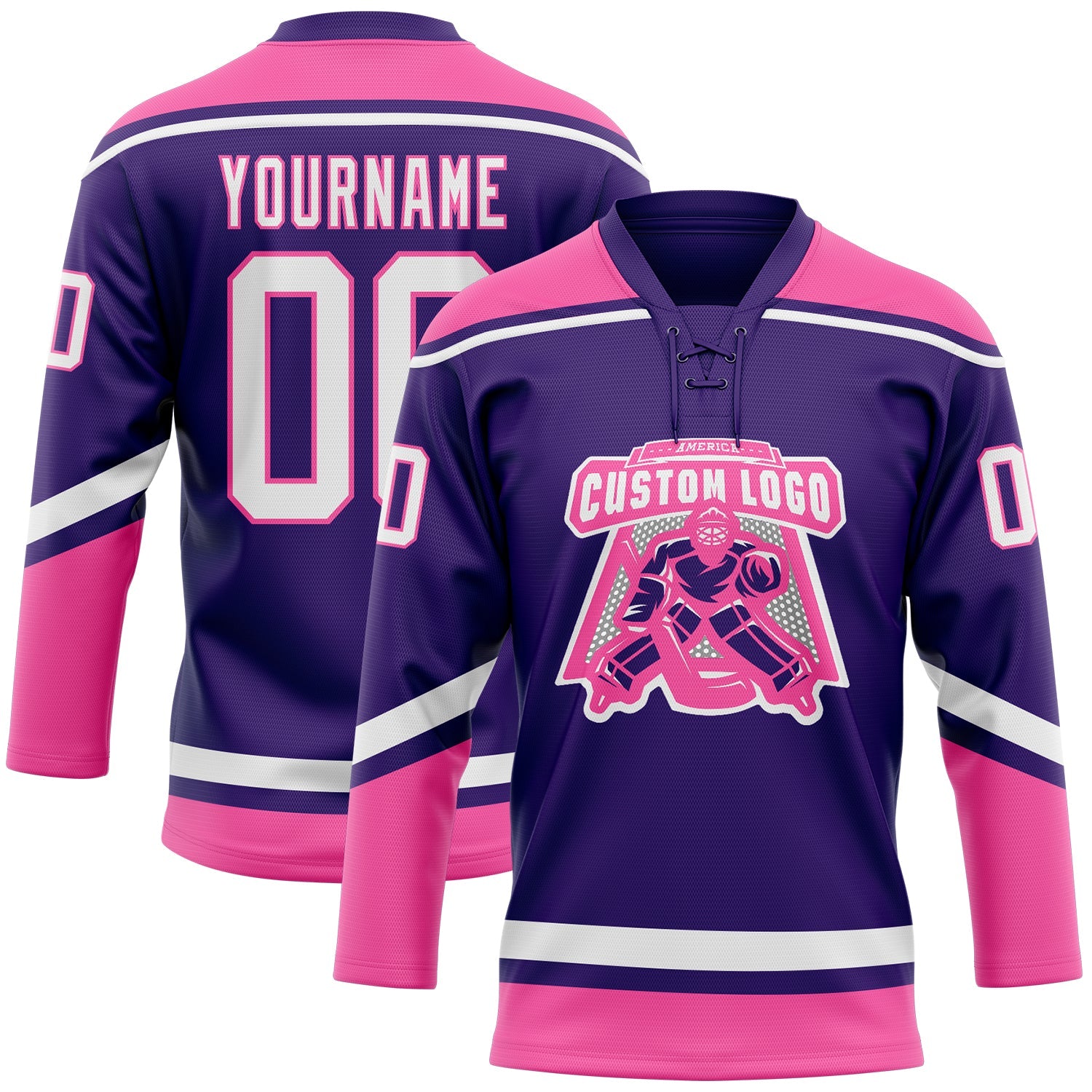 Custom Purple White-Pink Hockey Lace Neck Jersey view 2